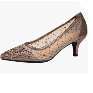 XYD Pewter Pointed Toe Slip On Mesh Pumps Rhinestone Studs Kitten Heels Shoes